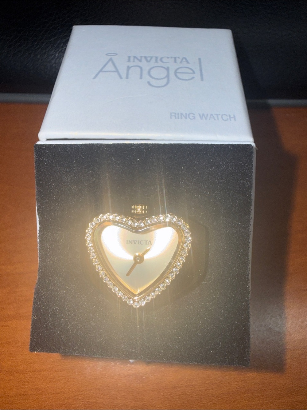 Invicta Gold Heart-Shaped Ring Watch with Crystal Halo
